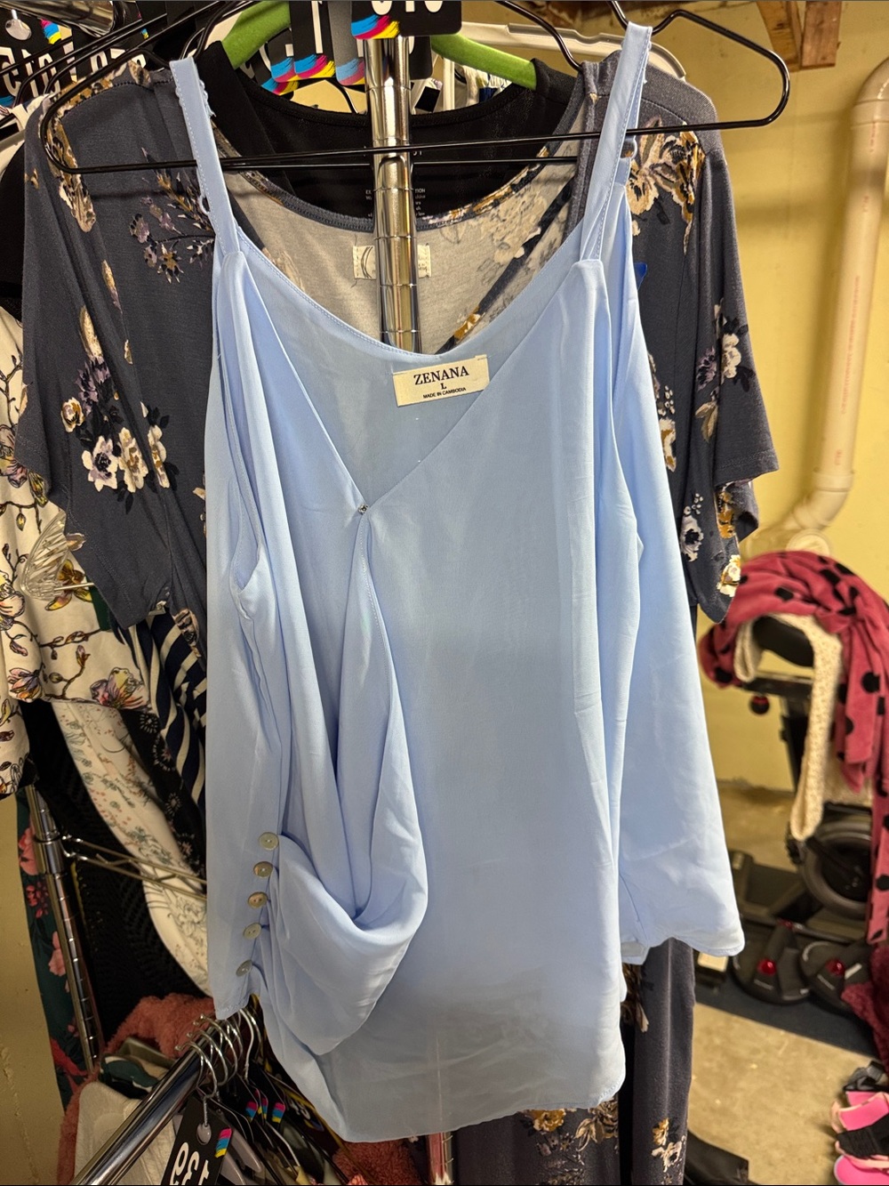 Zenana Outfitters Sky Blue Draped V-Neck Camisole with Button Detail